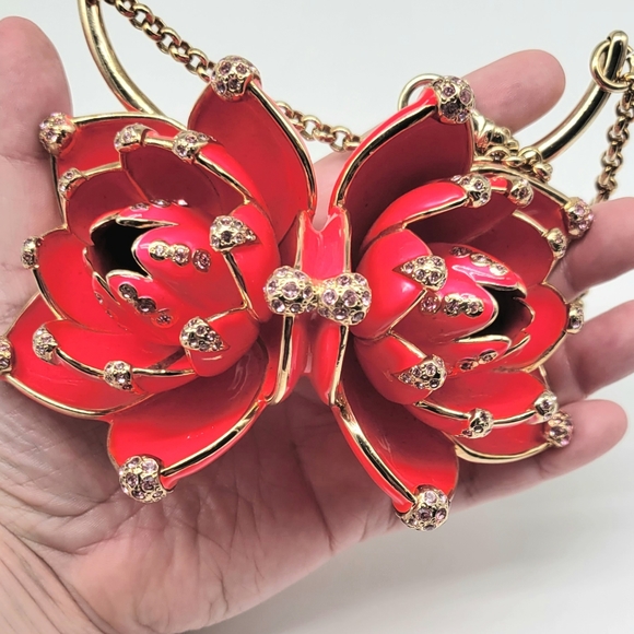 Roberto Cavalli RARE Bright Red Enamel Lotus Flower Statement Necklace - Picture 11 of 14